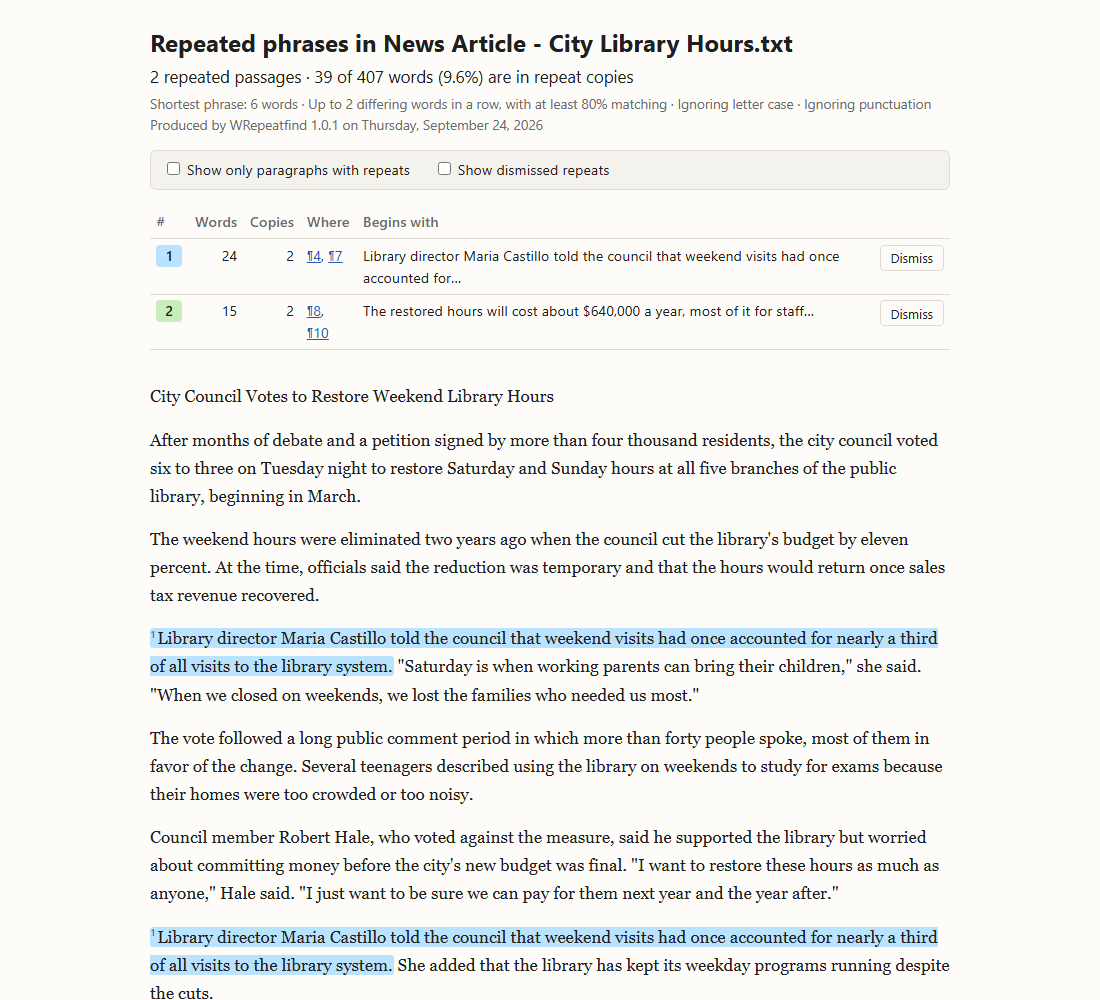 A WRepeatfind report with repeated passages highlighted